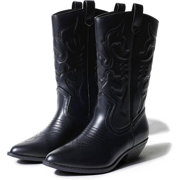 Women Polyurethane Black Mid Calf Low Heel Pointed Toe Cowgirl Western Boot - Picture 4 of 9